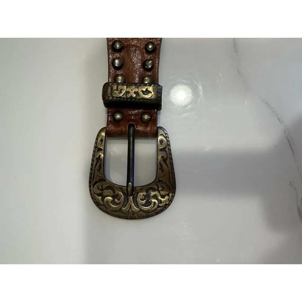 Women's Medium Leather & Brass Belt 30” Total Length Braided Fabric Western Boho